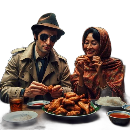 food, jacket, hat, oil painting, photorealistic, concept art, 3d render, city street transparent PNG cut-out