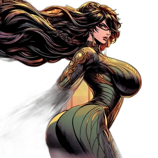 comic book art, concept art, fantasy art, golden, woman, flowing, black, hair transparent PNG cut-out