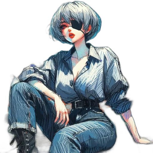 jacket, staff, dress, robot, concept art, comic book art, cyberpunk, anime transparent PNG cut-out