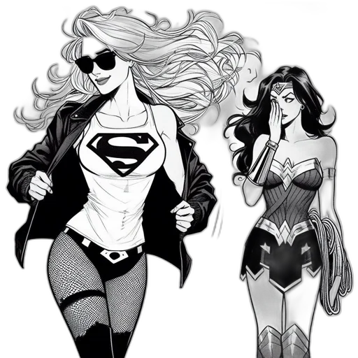 comic book art, concept art, cartoon, fantasy art, two, women, one, dressed transparent PNG cut-out
