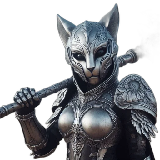 mask, staff, animal, sword, concept art, 3d render, fantasy art, comic book art transparent PNG cut-out