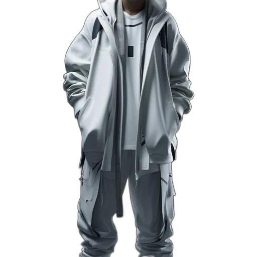 jacket, robot, concept art, 3d render, cyberpunk, photorealistic, monochrome, person transparent PNG cut-out
