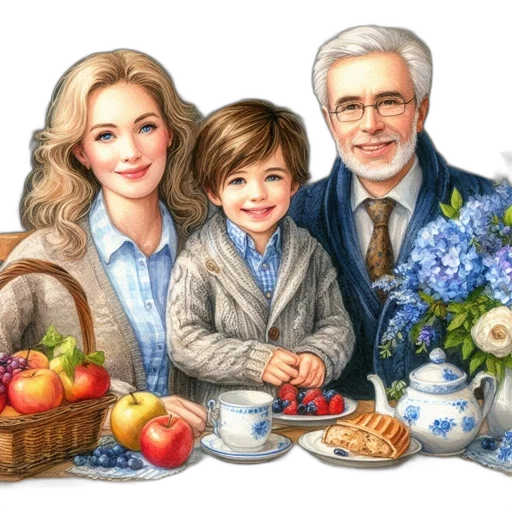 photorealistic, oil painting, watercolor, cartoon, family, three, mother, father transparent PNG cut-out