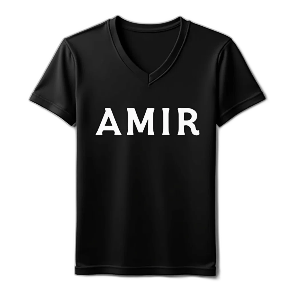 3d render, black, t-shirt, word, amir, bold, uppercase, font transparent PNG cut-out
