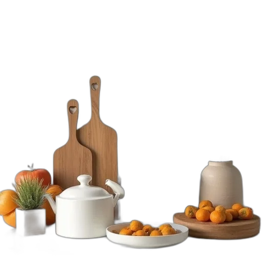 furniture, food, 3d render, photorealistic, earth tones, monochrome, set, kitchen transparent PNG cut-out
