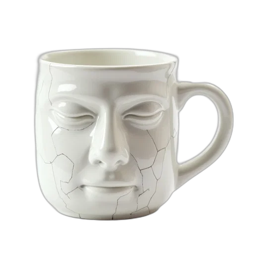 mask, face, photorealistic, 3d render, white, ceramic, mug, cracked transparent PNG cut-out