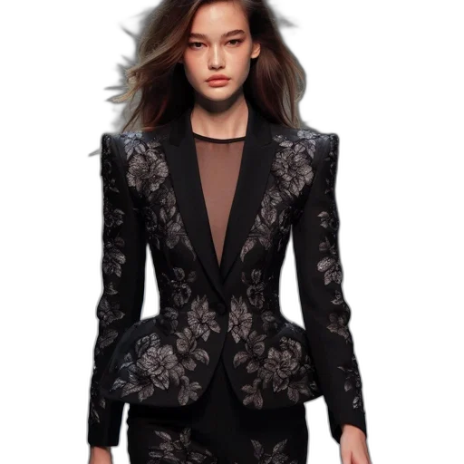 jacket, dress, photorealistic, dark, model, strides, down, runway transparent PNG cut-out