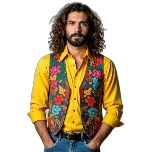 jacket, hair, staff, animal, man, long, wavy, wearing transparent PNG cut-out