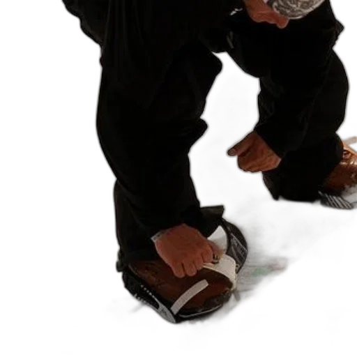 shoes, staff, jacket, photorealistic, snowboarder, black, pants, adjusting transparent PNG cut-out