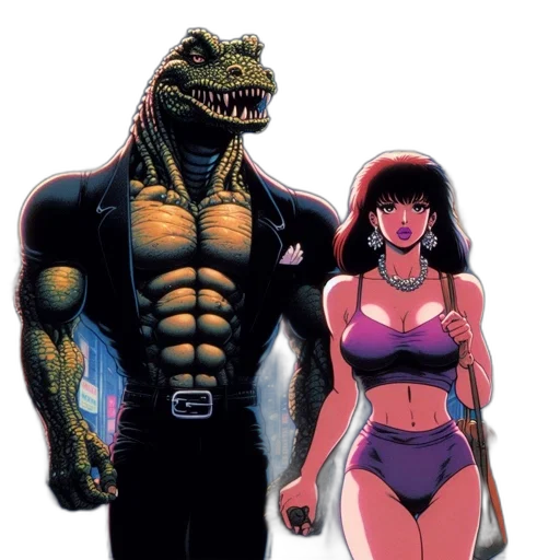 creature, comic book art, concept art, vaporwave, underwater, muscular, dinosaur-like, suit transparent PNG cut-out