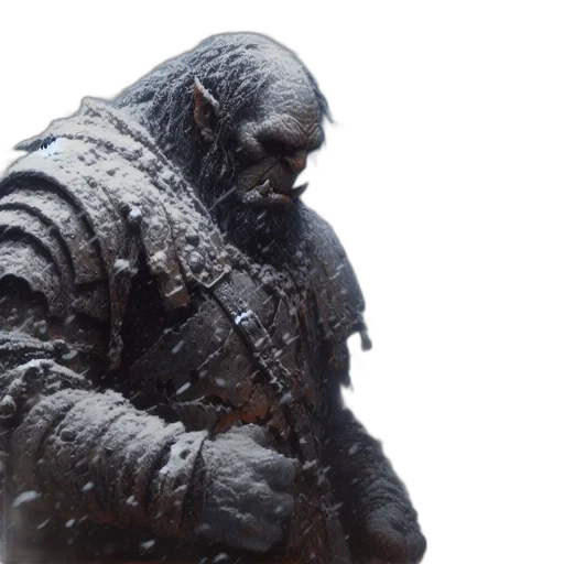 creature, sword, face, concept art, 3d render, fantasy art, photorealistic, snow transparent PNG cut-out