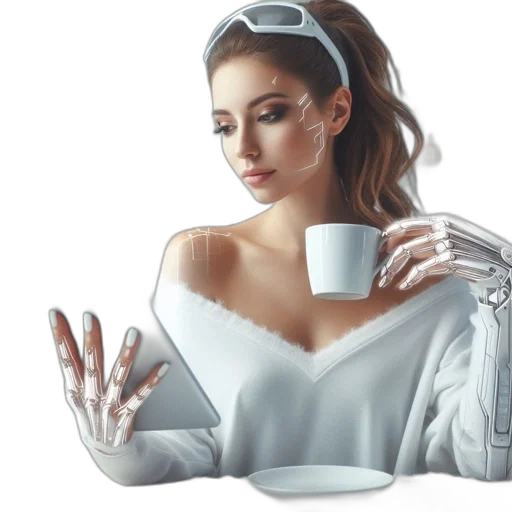 dress, robot, photorealistic, oil painting, fantasy art, 3d render, woman, robotic transparent PNG cut-out