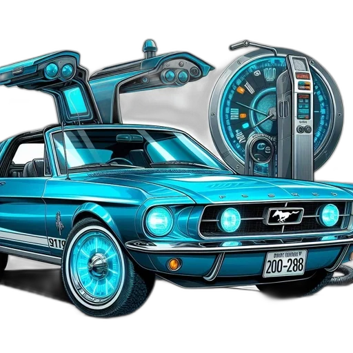 car, concept art, photorealistic, 3d render, comic book art, blue, 1965, ford transparent PNG cut-out