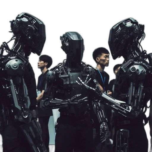 robot, cyberpunk, concept art, outer space, room, see, group, metallic transparent PNG cut-out