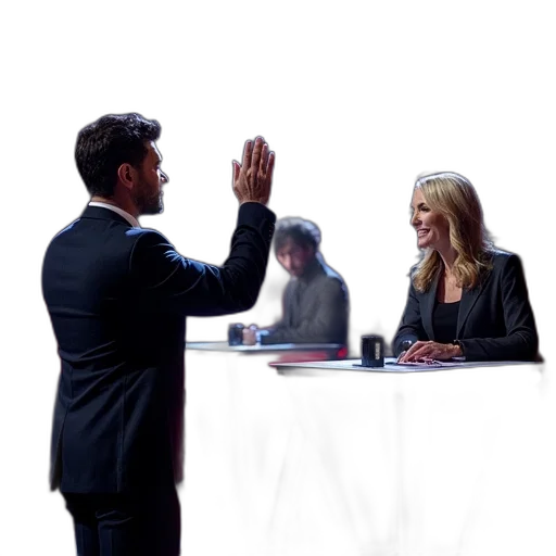 staff, factor, judges, including, one, man, stage, waving transparent PNG cut-out