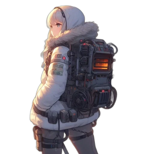 jacket, robot, weapon, staff, cyberpunk, concept art, pixel art, fantasy art transparent PNG cut-out