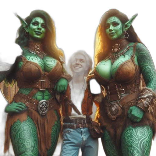 fantasy art, concept art, comic book art, 3d render, green, three, individuals, including transparent PNG cut-out
