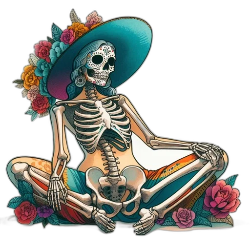 jewelry, flower, dress, hat, vaporwave, colorful, skeletal, figure transparent PNG cut-out