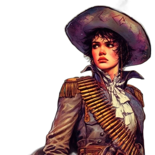 hat, jacket, weapon, staff, concept art, comic book art, fantasy art, photorealistic transparent PNG cut-out