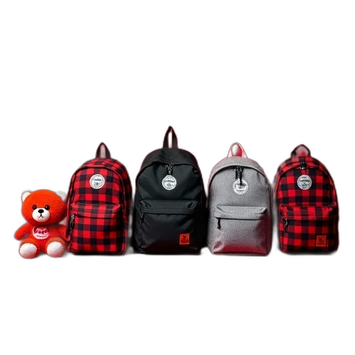 collection, various, backpacks, plush, toy, displayed, against, red transparent PNG cut-out
