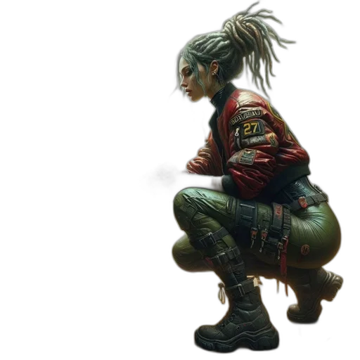 concept art, cyberpunk, fantasy art, 3d render, woman, dreadlocks, wears, patched transparent PNG cut-out