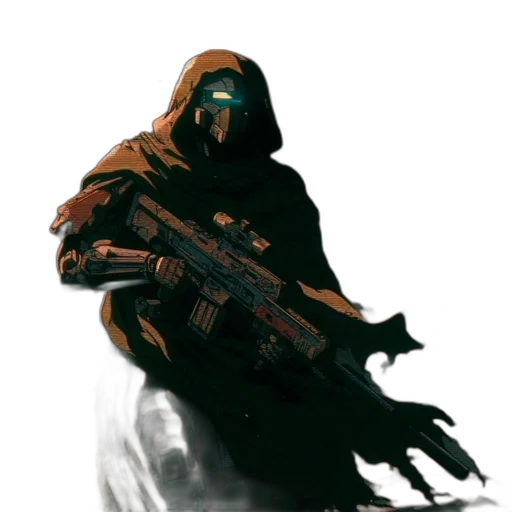 weapon, mask, jacket, staff, concept art, cyberpunk, fantasy art, pixel art transparent PNG cut-out