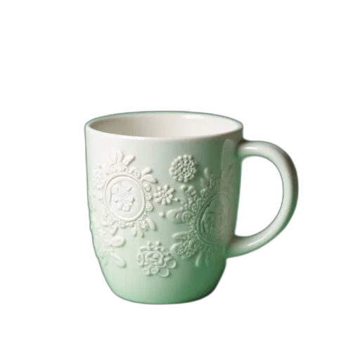 3d render, photorealistic, white, ceramic, cup, intricate, designs, sits transparent PNG cut-out