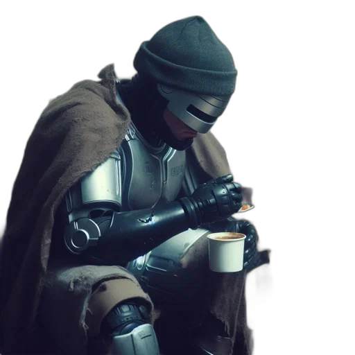 robot, weapon, mask, staff, concept art, 3d render, cyberpunk, individual transparent PNG cut-out