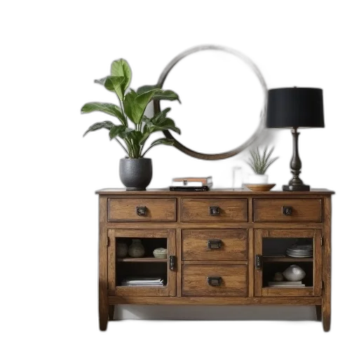 furniture, 3d render, photorealistic, earth tones, dark, rustic, wooden, sideboard transparent PNG cut-out
