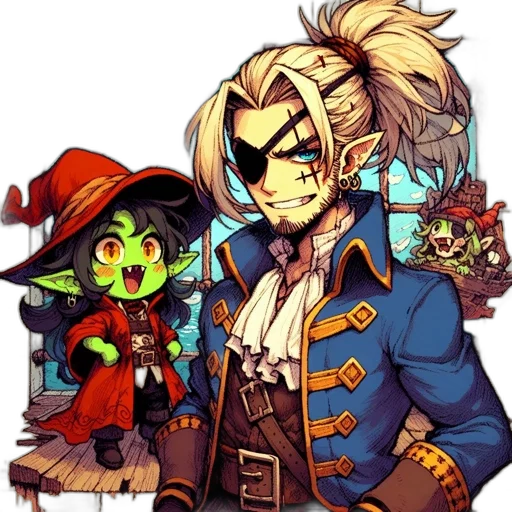 staff, pixel art, fantasy art, concept art, cartoon, three, characters, green-skinned transparent PNG cut-out
