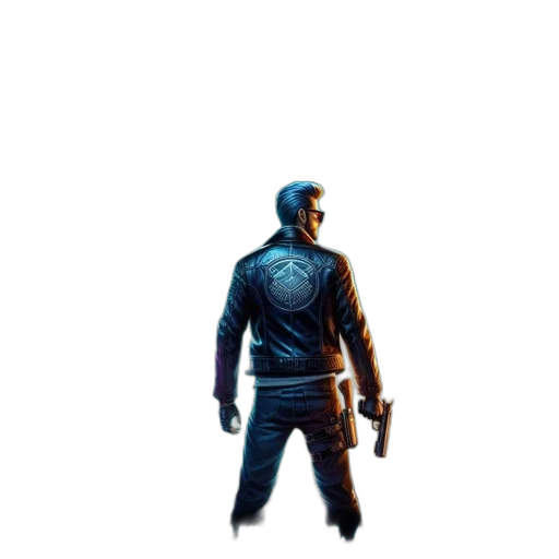 jacket, weapon, robot, staff, concept art, pixel art, 3d render, comic book art transparent PNG cut-out