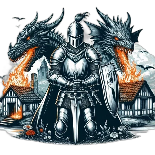 dragon, sword, fantasy art, concept art, comic book art, pixel art, fire, monochrome transparent PNG cut-out