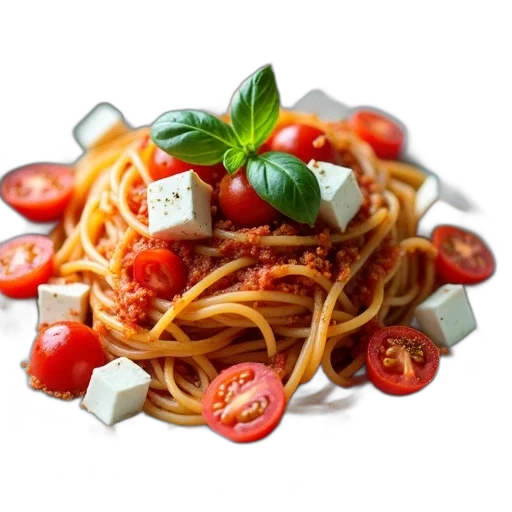 food, photorealistic, 3d render, plate, spaghetti, tomato, sauce, topped transparent PNG cut-out