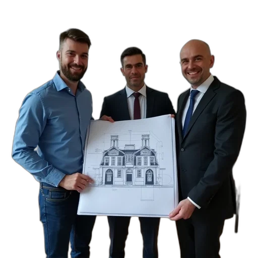building, man, blue, shirt, holding, blueprint, standing, next transparent PNG cut-out