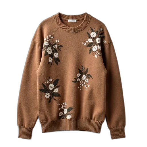 jacket, earth tones, brown, cotton, sweater, floral, pattern, displayed transparent PNG cut-out