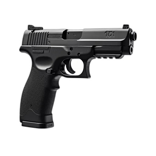 weapon, 3d render, black, polymer-framed, semi-automatic, pistol, textured, grip transparent PNG cut-out