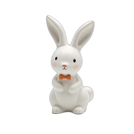 3d render, white, ceramic, figurine, rabbit, cute, face, small transparent PNG cut-out