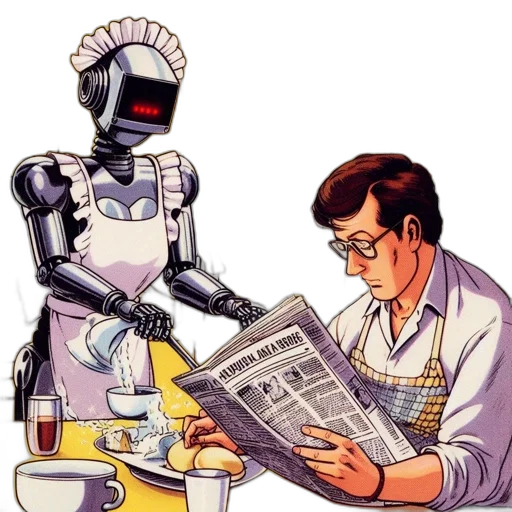 robot, food, comic book art, cyberpunk, concept art, outer space, neon lights, old-styled transparent PNG cut-out