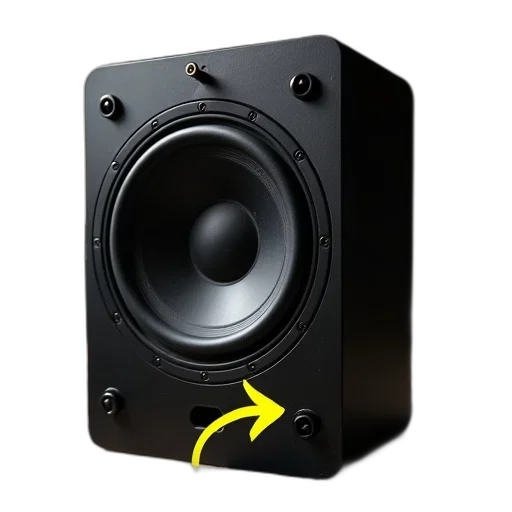 3d render, black, speaker, yellow, arrow, pointing, small, hole transparent PNG cut-out