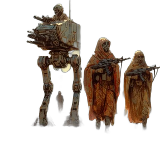 robot, weapon, staff, concept art, fantasy art, pixel art, 3d render, earth tones transparent PNG cut-out
