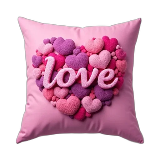 furniture, 3d render, photorealistic, pink, cushion, heart, pattern, word transparent PNG cut-out