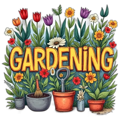 colorful, detailed, illustration, word, gardening, surrounded, various, gardening-related transparent PNG cut-out