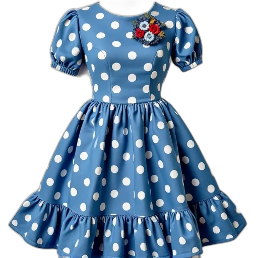 dress, blue, polka, dot, ruffled, hem, floral, brooch transparent PNG cut-out