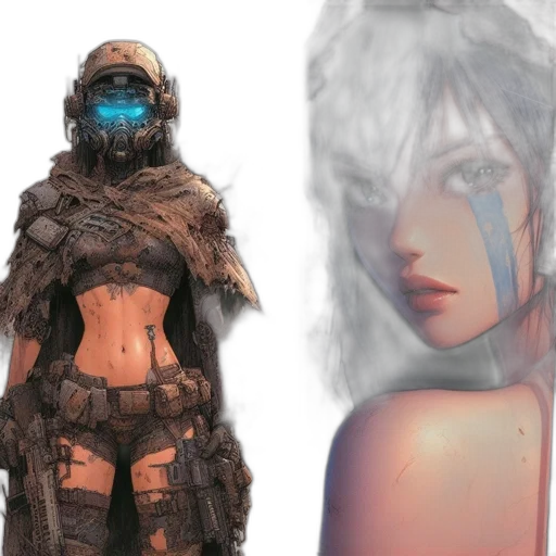 concept art, cyberpunk, fantasy art, 3d render, blue, dark, earth tones, two transparent PNG cut-out