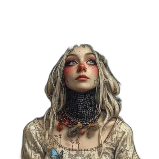 face, dress, jewelry, staff, fantasy art, concept art, comic book art, photorealistic transparent PNG cut-out