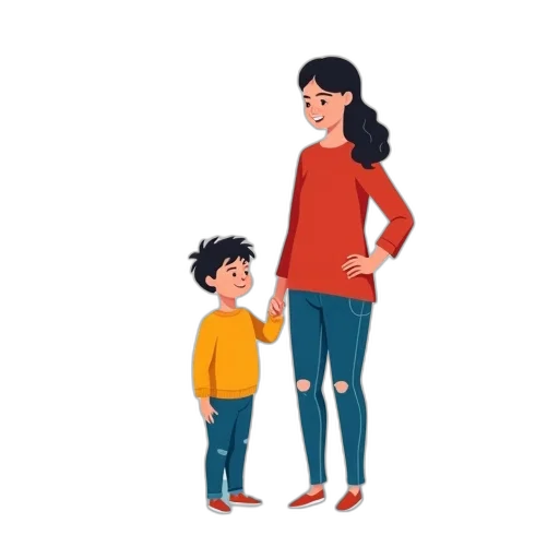 concept art, stylized, illustration, young, boy, woman, standing, next transparent PNG cut-out