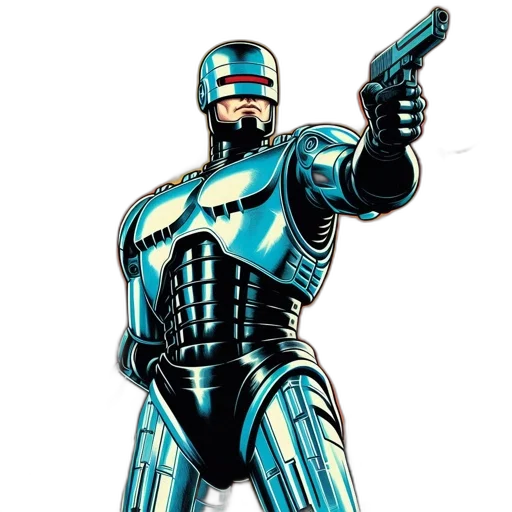 robot, weapon, comic book art, concept art, 3d render, pixel art, robocop, stands transparent PNG cut-out