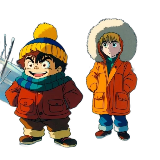 jacket, concept art, pixel art, anime, cartoon, snow, two, animated transparent PNG cut-out
