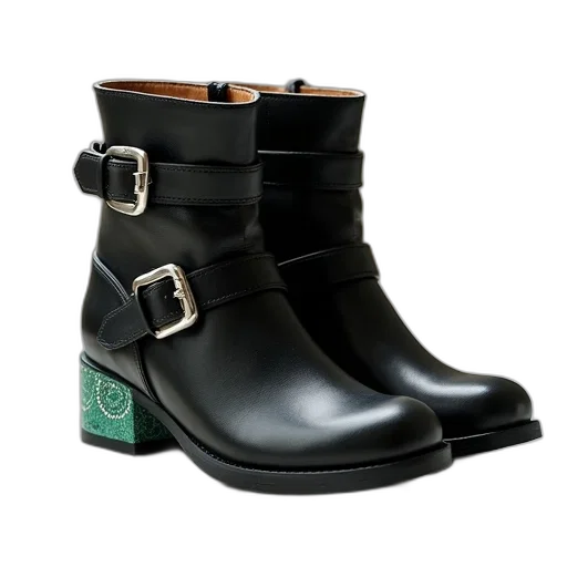 shoes, pair, black, leather, boots, silver, buckles, green transparent PNG cut-out
