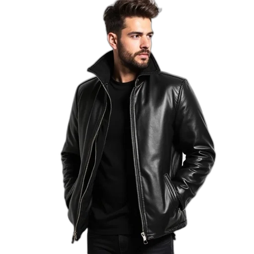 jacket, man, wearing, black, leather, zipper, buttons, standing transparent PNG cut-out